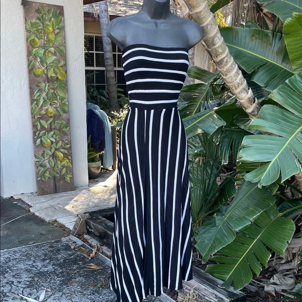 Silver, white and black striped convertible tube top dress or drop waist slit